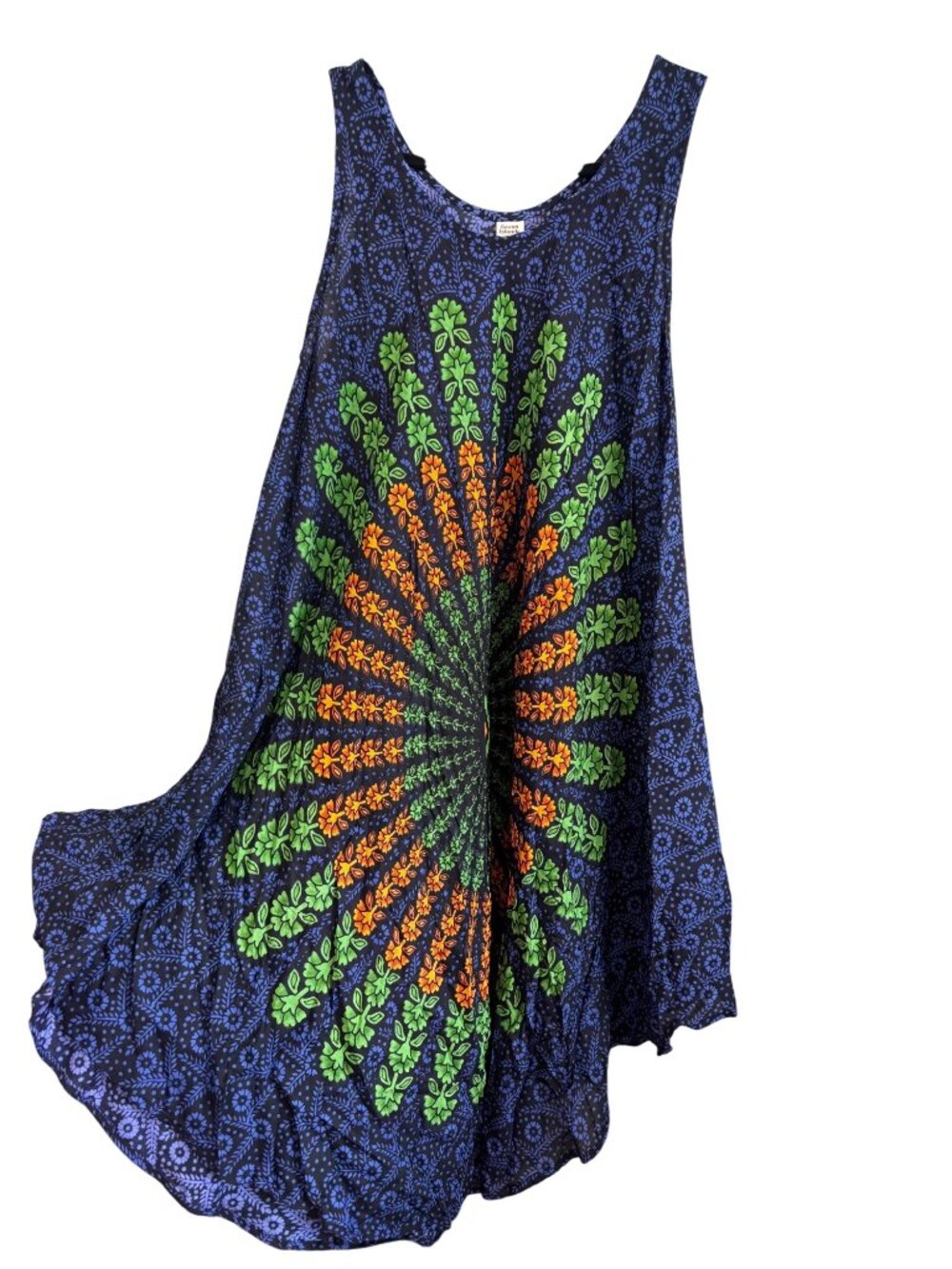 Seven Islands One Size Boho Floral Print Sleeveless Tank Dress Blue Green Orange
